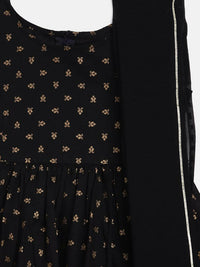 Thumbnail for Ahalyaa Black Cotton Gold Print Kids Kurta Sharara Sets For Girls - Distacart