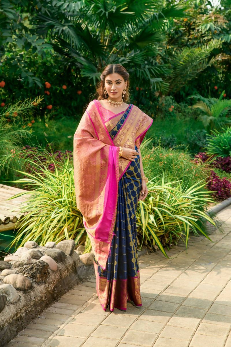 Aastha Fashion Navy Blue Woven Kanchipuram Silk Saree with Blouse - Distacart