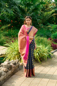 Thumbnail for Aastha Fashion Navy Blue Woven Kanchipuram Silk Saree with Blouse - Distacart