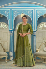 Thumbnail for Juniper Green Bandhani Printed Shantoon Slub Lehenga Choli & Net Dupatta Set. - Distacart