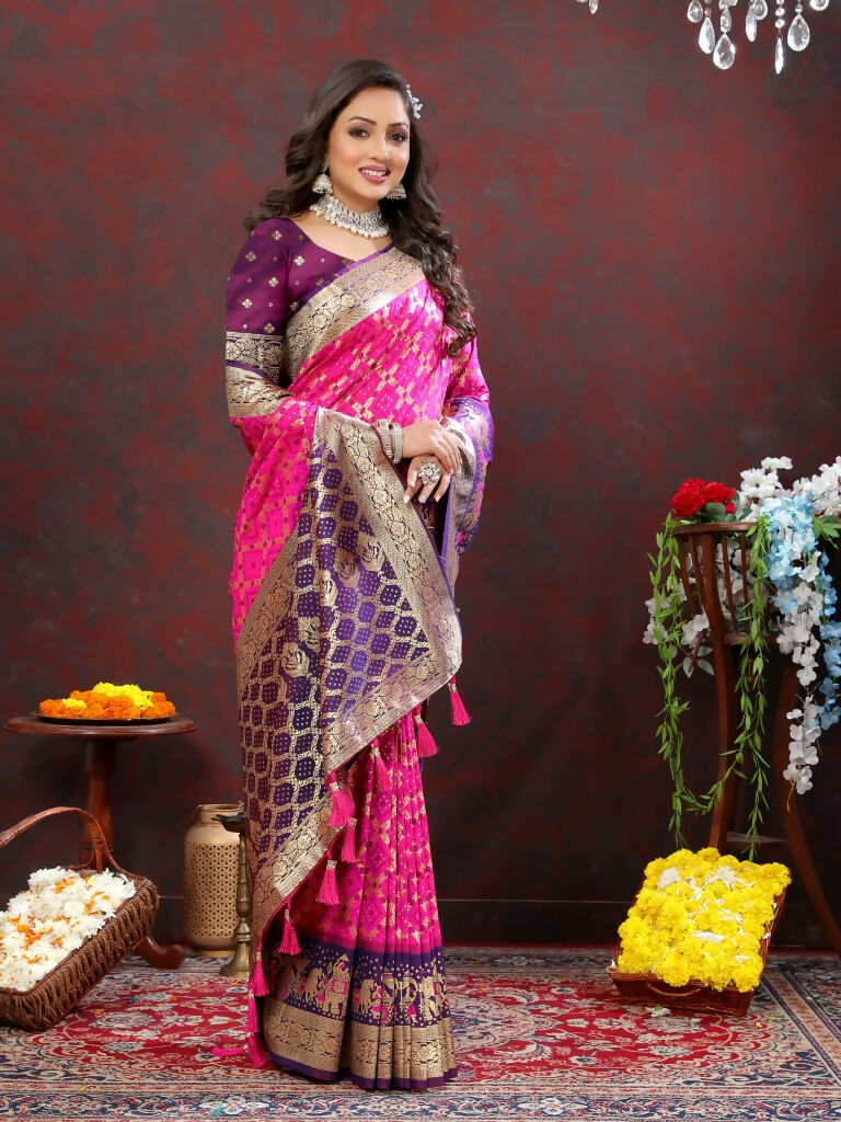 Vastranavya Pink Soft Patola Silk With Meenakari Weaving Motifs And Rich Zari Weaving Pallu Saree With Matching Blouse Fabric - Distacart