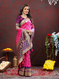 Thumbnail for Vastranavya Pink Soft Patola Silk With Meenakari Weaving Motifs And Rich Zari Weaving Pallu Saree With Matching Blouse Fabric - Distacart