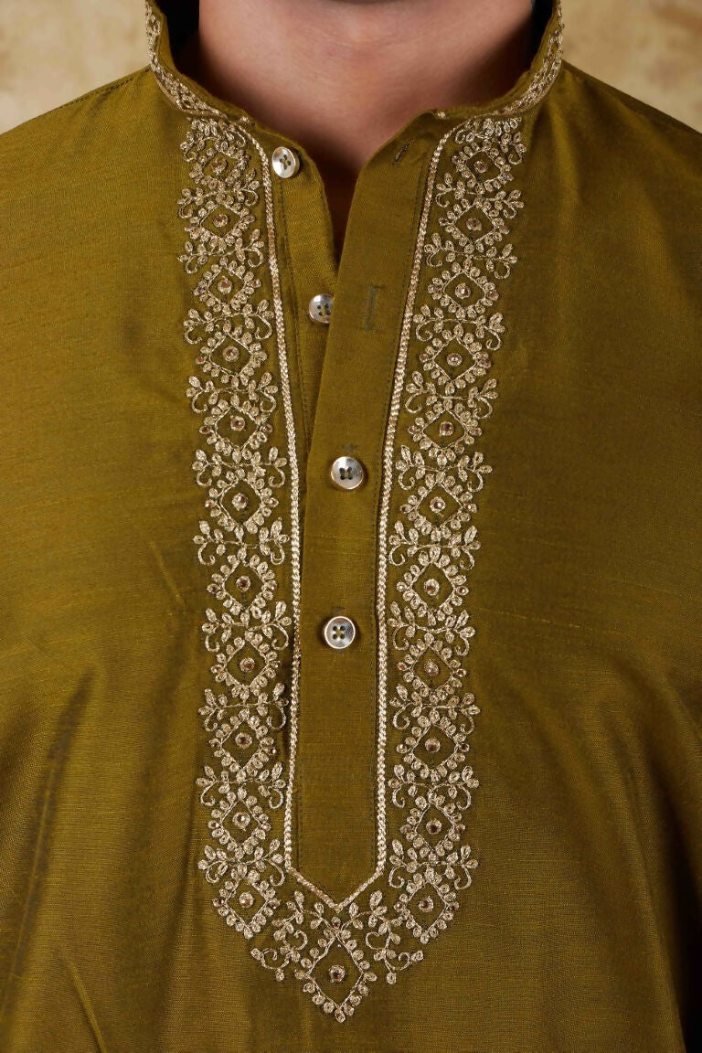 Bluesaanchi Men's Handloom Embroidered Field Drab Kurta Set - Distacart