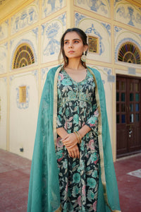 Thumbnail for Vaasva Women Teal Muslin Embroidered Kurta, Pant & Dupatta Set - Distacart