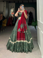 Thumbnail for Vastranavya Navaratri Special Pure Cotton Printed With Gota Patti And Lace Touch Up Lehenga with Stitched Choli - Green - Distacart