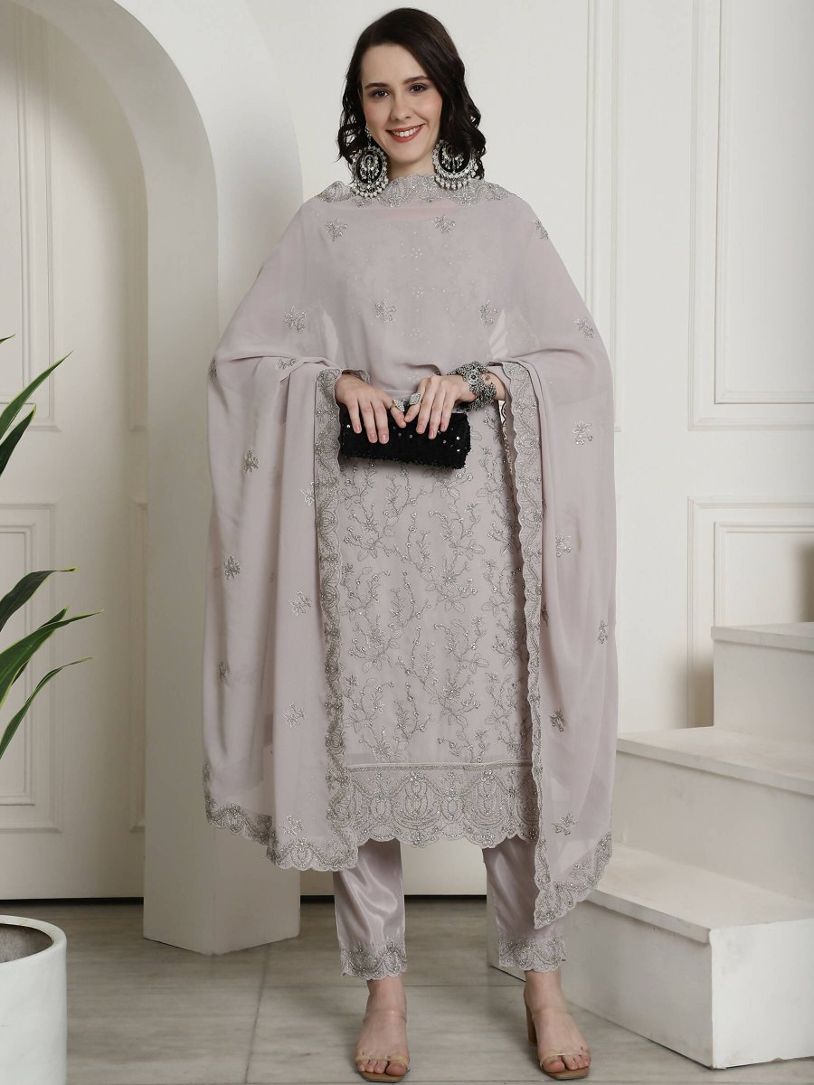 Aastha Fashion Women's Grey Georgette Floral Resham Thread with Cording & Crystal work Kurta with Trouser & Dupatta - Distacart