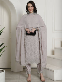 Thumbnail for Aastha Fashion Women's Grey Georgette Floral Resham Thread with Cording & Crystal work Kurta with Trouser & Dupatta - Distacart