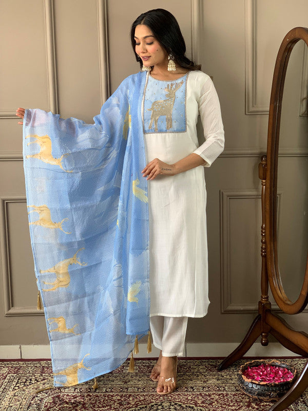 Malishka Women's White Chanderi With Cotton Inner Embroidery Kurta Set With Dupatta