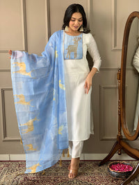 Thumbnail for Malishka Women's White Chanderi With Cotton Inner Embroidery Kurta Set With Dupatta