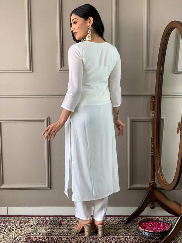 Malishka Women's White Chanderi With Cotton Inner Embroidery Kurta Set With Dupatta