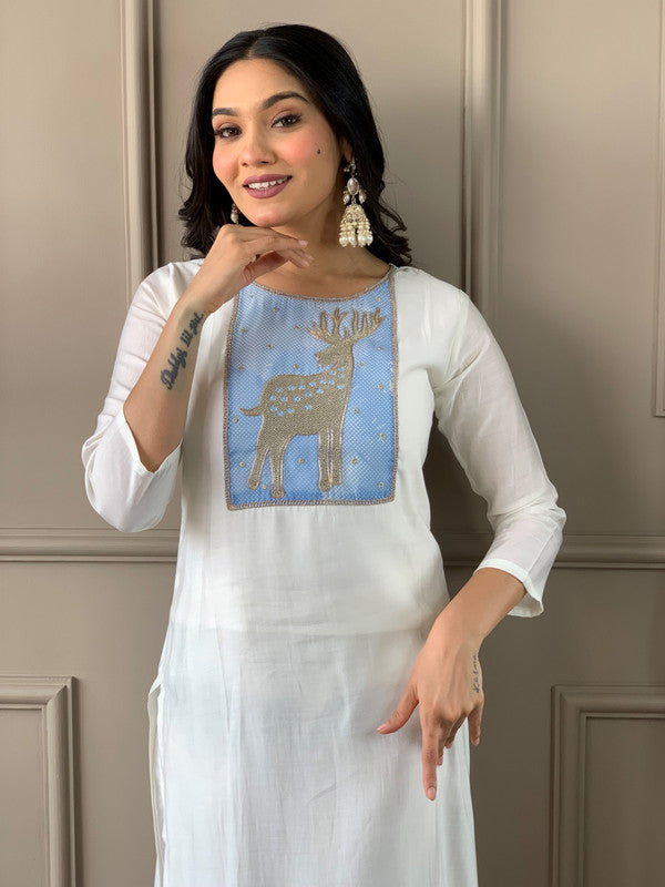 Malishka Women's White Chanderi With Cotton Inner Embroidery Kurta Set With Dupatta