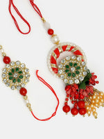 Thumbnail for NVR Women & Men Set of 2 Red & Gold Toned Stone-Studded & Beaded Bhaiya Bhabhi Rakhi With Roli Chawal - Distacart