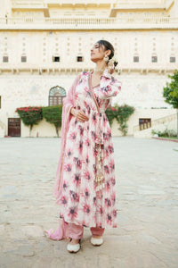 Thumbnail for Vaasva White Chinon Floral Embroidered Angrakha Anarkali, Pant & Dupatta set - Distacart