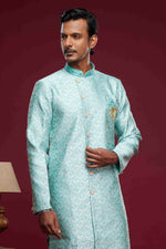 Thumbnail for Raivat Ethnic Banarasi Jacquard Embroidery Semi Indo Western Sherwani In Sky Blue Colour