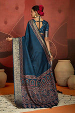 Thumbnail for Joban Fashion Teal Blue Art Silk With Fine Viscose Border Ajrak Full Body Print With Soft Finish Saree