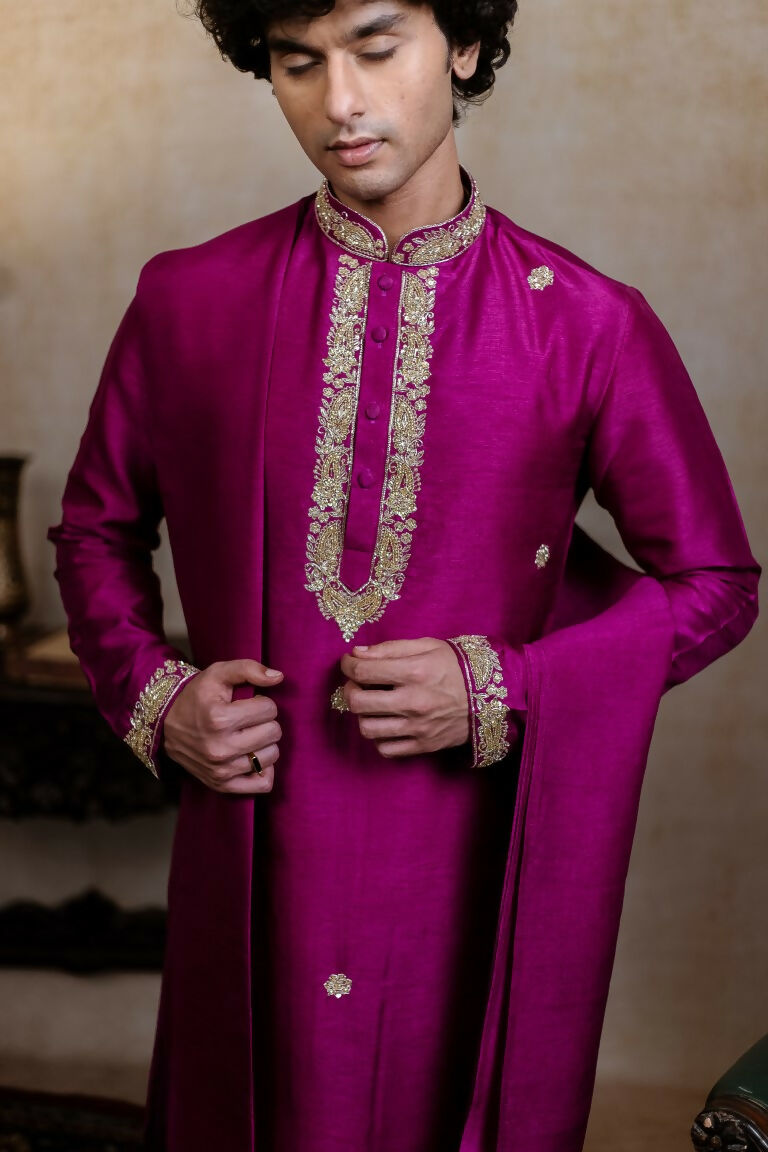 Falling Raw Silk Magenta Perple Rajyog Kurta Set By Hilo Design