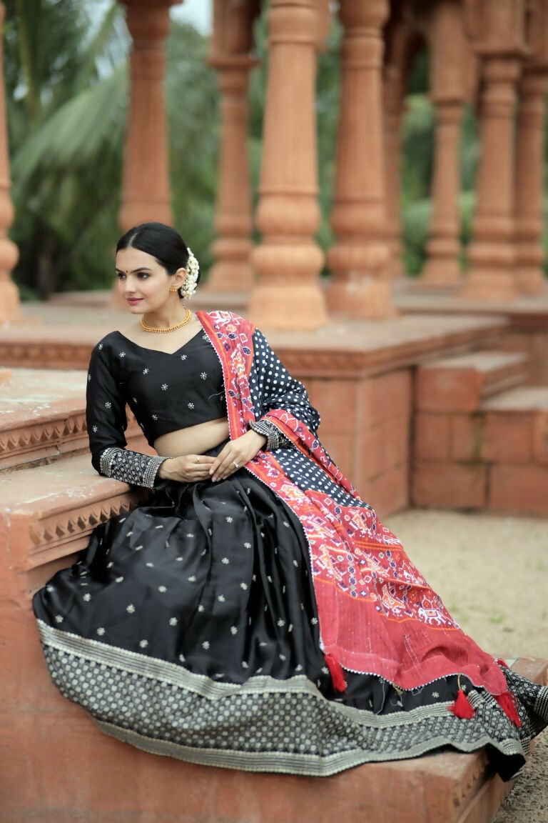 Vastranavya Navaratri Collection Myra Silk Lehenga & Blouse With Maslin Crochet Printed Dupatta Set - Black - Distacart