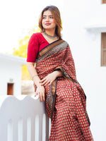 Thumbnail for Zibaa Hand-Blocked Pure Maheshwari Silk Red Saree - Small Motifs