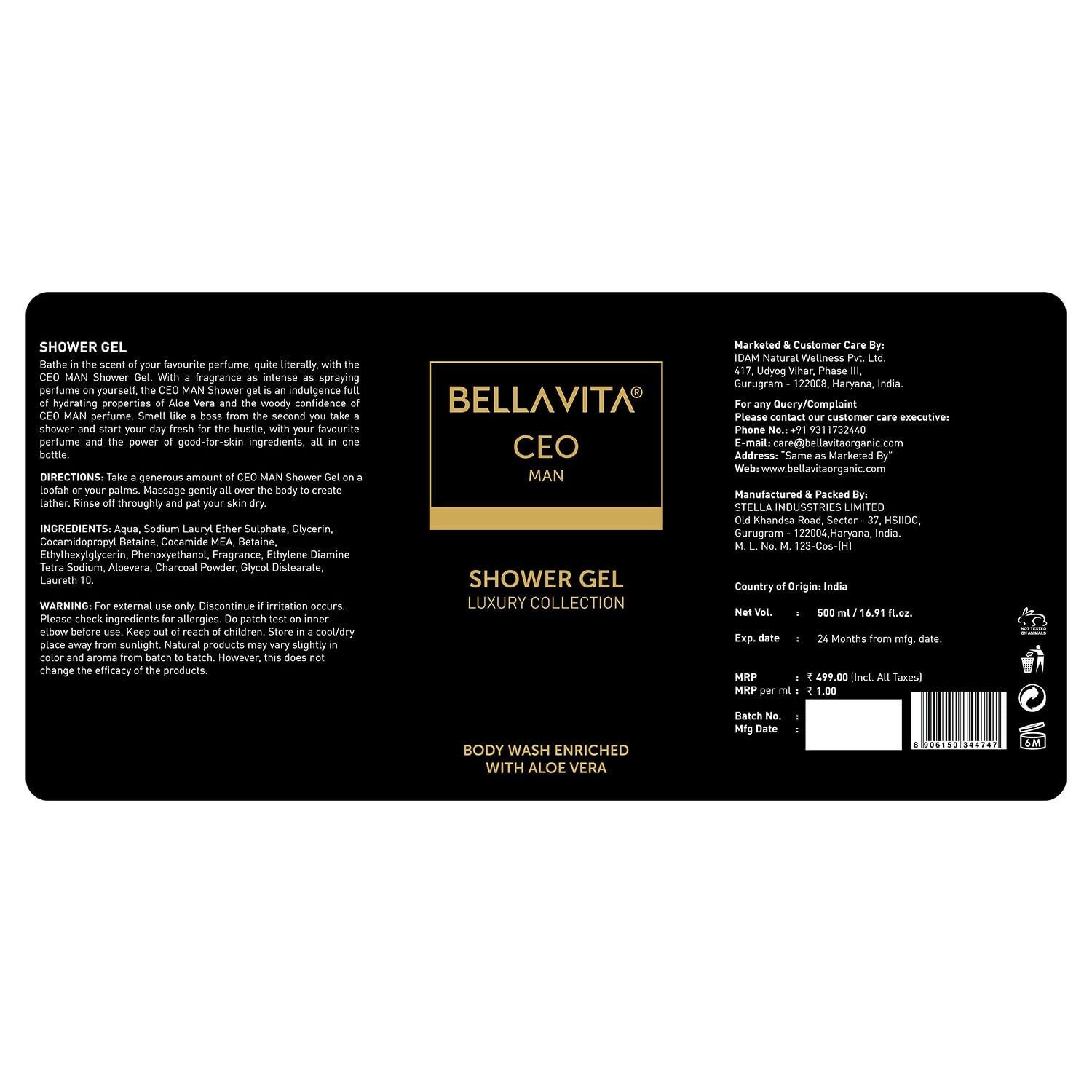 Bella Vita Luxury CEO MAN Shower Gel For Deep Cleansing, Hydrating & Moisturising Skin with Aloe Vera & Charcoal Powder - Distacart
