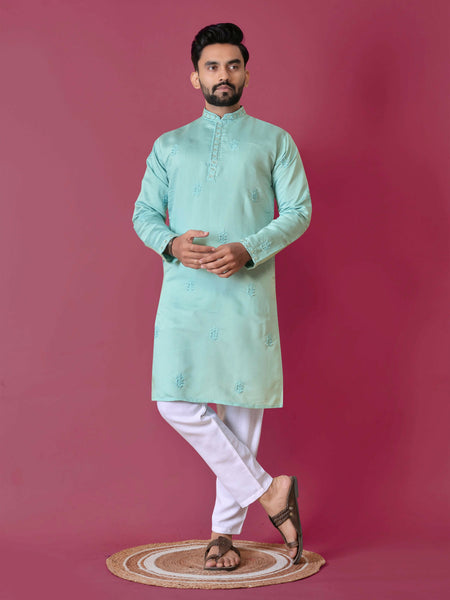 Men's Sky Blue Silk Handwork Men's Kurta Pajama by Infinity Export - Distacart