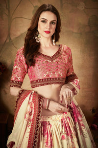 Thumbnail for Aastha Fashion Women's Delightful Beige-Peach Floral Print Organza Wedding Wear Lehenga Choli - Distacart