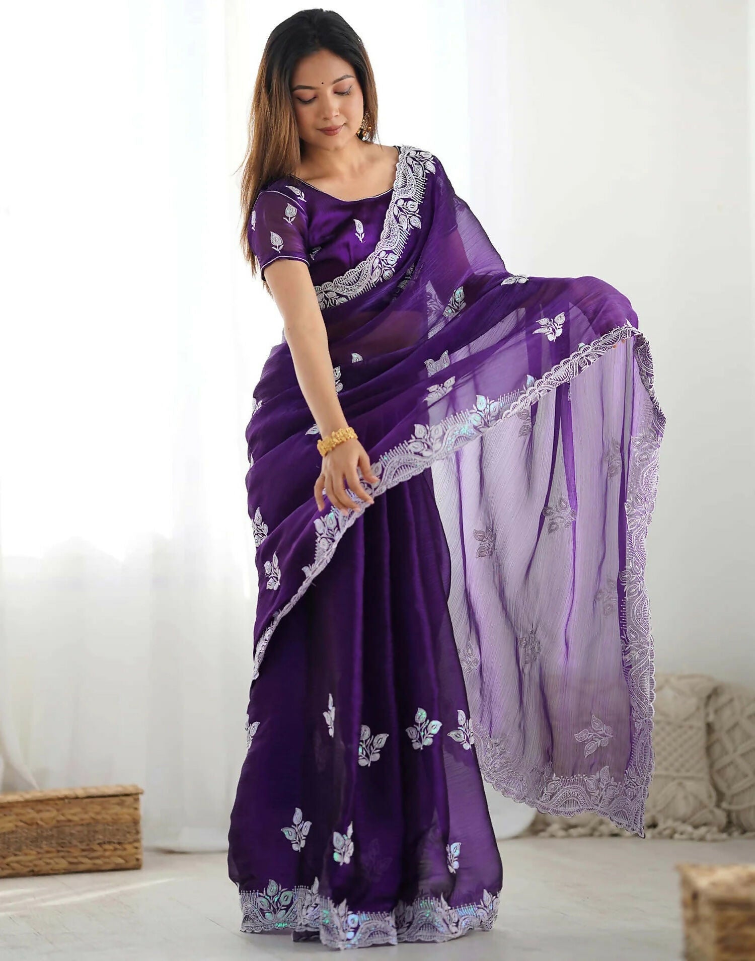 Joban Fashion Shimmer Chiffon Pastel Purple Color Sequence Saree