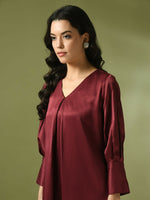 Thumbnail for Myshka Women's Maroon Solid Satin V-Neck Party Tunic With Trousers Co-ord set - Distacart