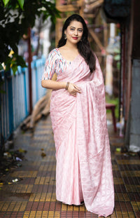 Thumbnail for Pink Poly Crepe Ethnic Motifs Saree with Unstitched Blouse - A2M
