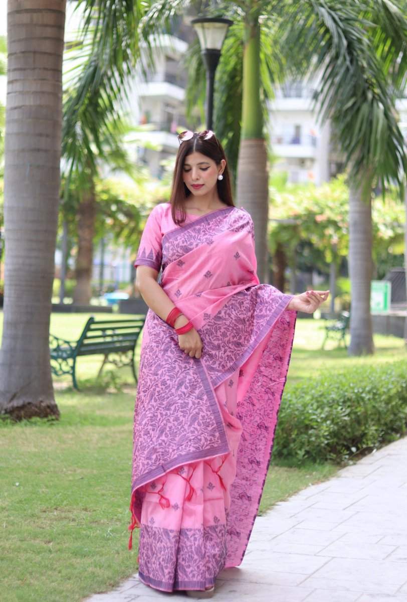 Aastha Fashion Baby Pink Woven Handloom Raw Silk Saree with Blouse - Distacart