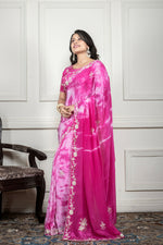 Thumbnail for Morchari Pink Crepe Hand Embroidery Saree And Stitched Blouse