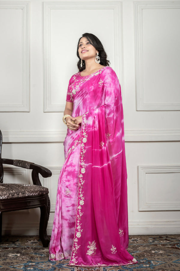 Morchari Pink Crepe Hand Embroidery Saree And Stitched Blouse