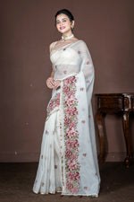 Thumbnail for Morchari Off White Supernet Cross Embroidery Saree Unstitched Blouse
