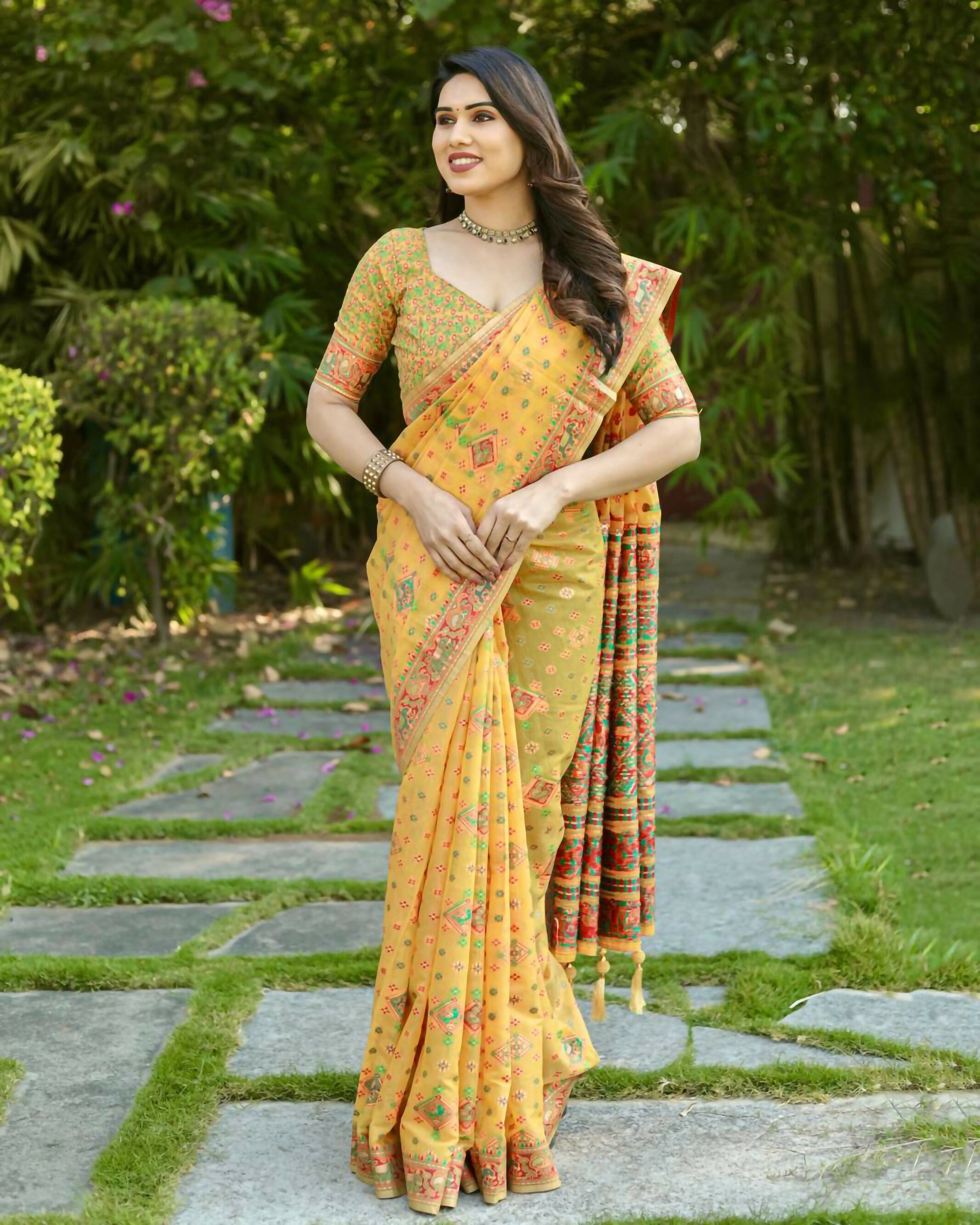 Vastranavya Luxury and Beautiful Soft, Smooth, Flowing Original Pashmina Soft Cotton Saree with Matching Blouse Fabric - Yellow - Distacart