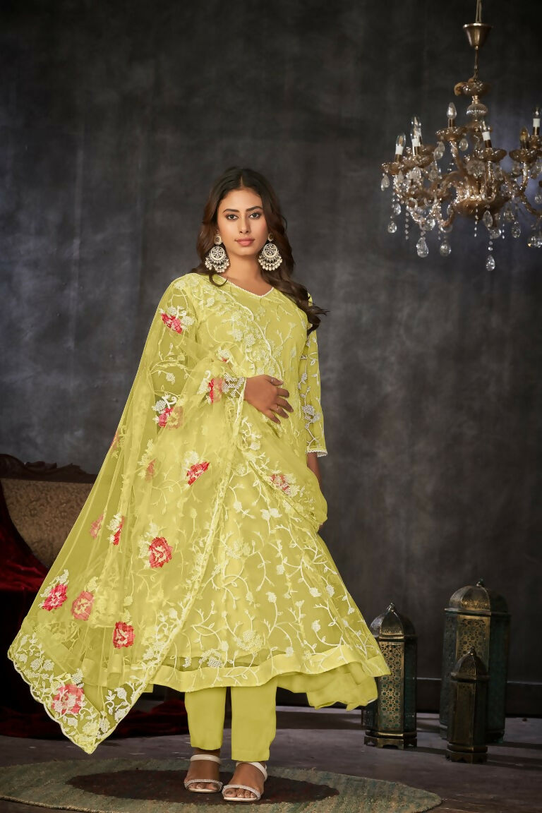 Jyoti Fashion Women's Yellow Net Embroidered Anarkali Kurta Pant Set With Dupatta