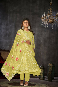Thumbnail for Jyoti Fashion Women's Yellow Net Embroidered Anarkali Kurta Pant Set With Dupatta