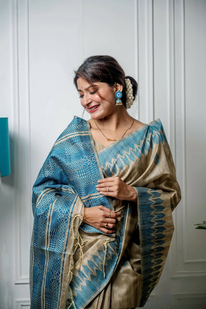 Aastha Fashion Blue Thread Woven Handloom Tussar Silk Saree with Blouse - Distacart