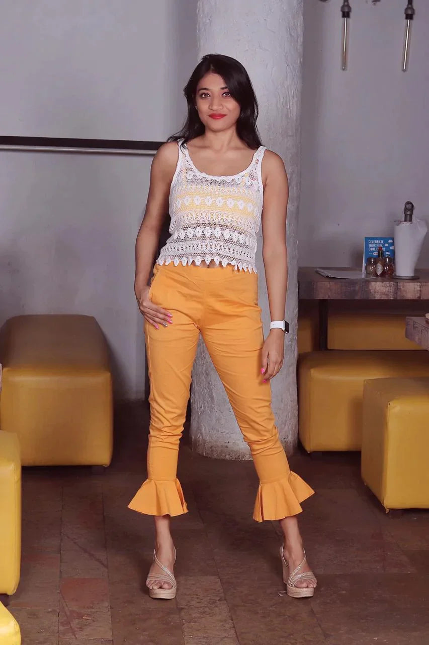 Women Mustard Smart Fit Solid Bottom Flared Trousers - Rasiya