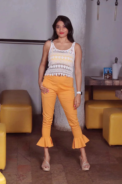 Women Mustard Smart Fit Solid Bottom Flared Trousers - Rasiya