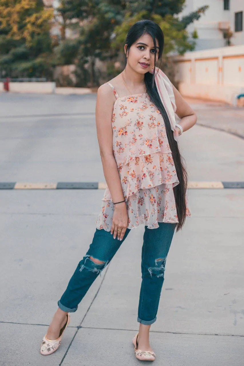 Women Peach-Coloured & Grey Printed Tiered Top - Rasiya