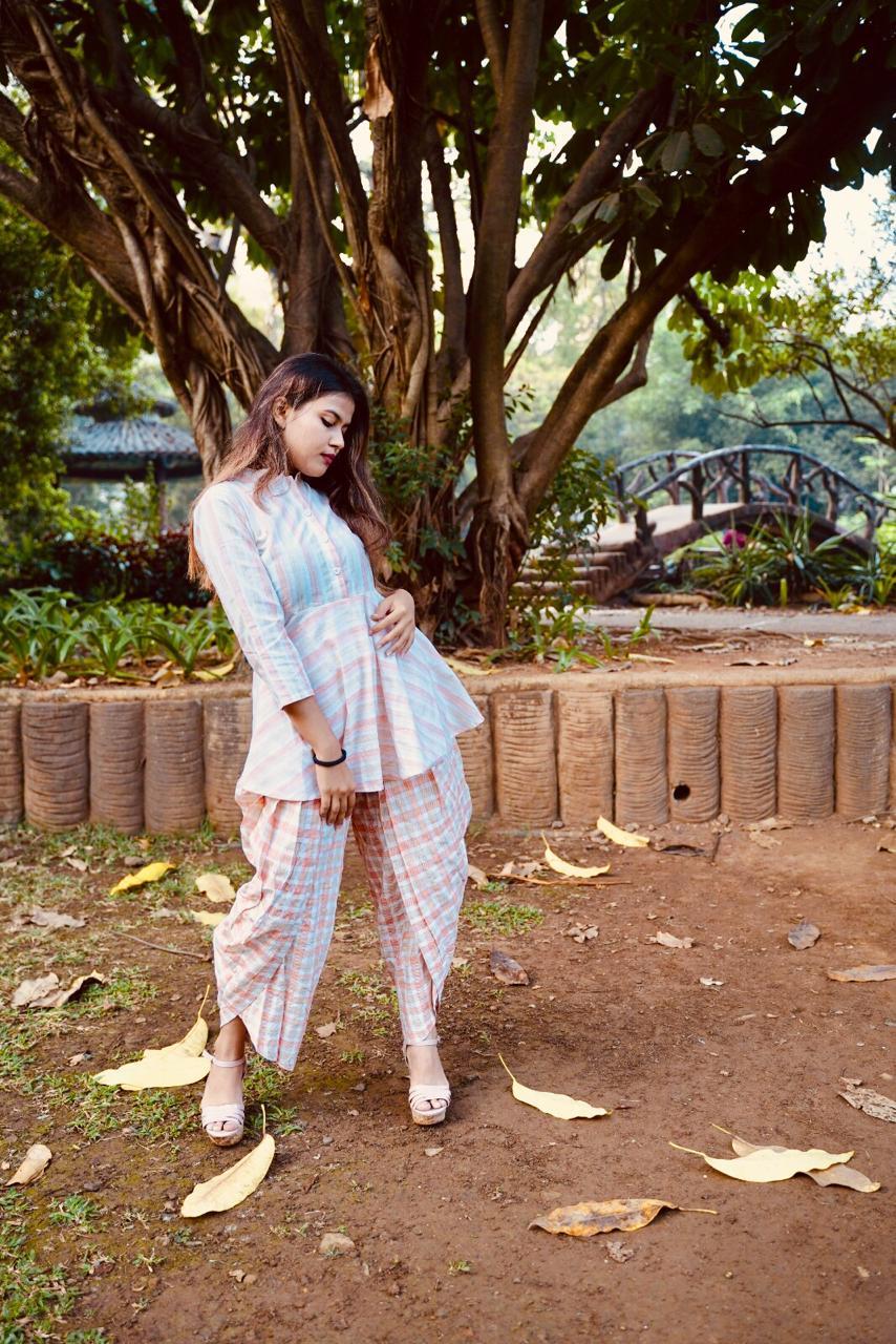 Women Orange And White Striped Kurta With Dhoti Pants - Rasiya