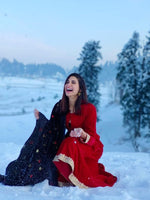 Thumbnail for trueBrowns Red Velvet Flared Lace Kurta - Distacart