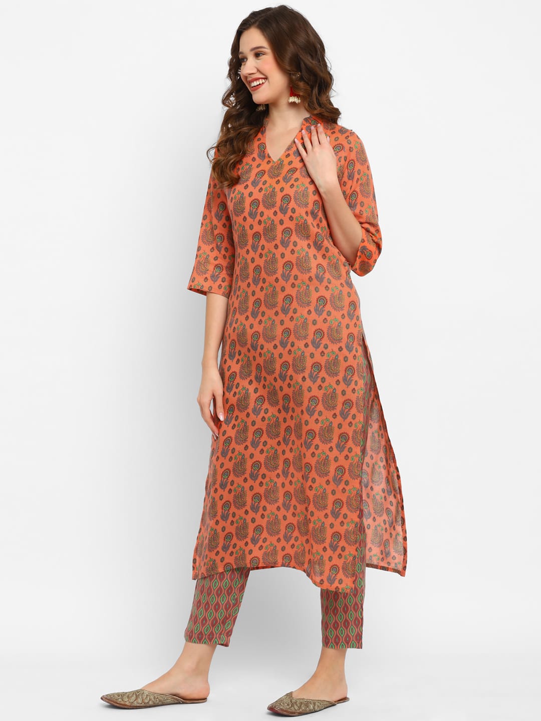 Women Orange Printed Kurta Pant Set - Rasiya