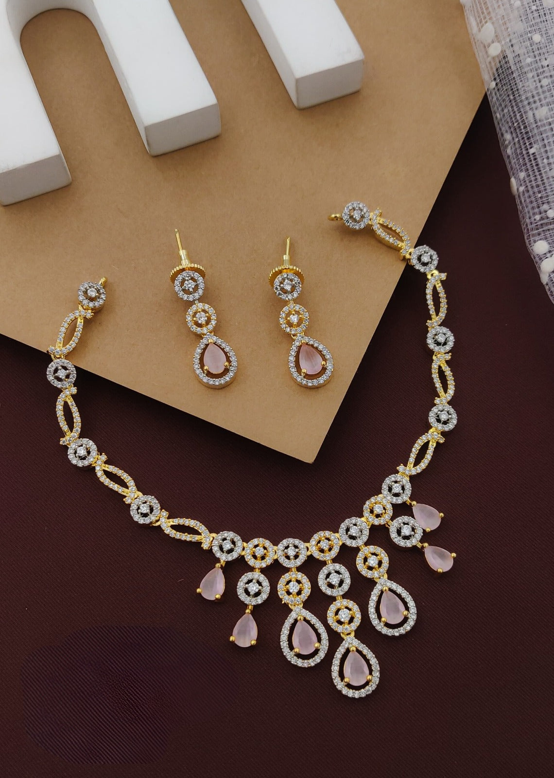 Light Pink Partywear American Diamond Gold Plated Necklace Set By House of Ree
