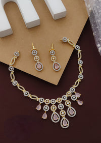 Thumbnail for Light Pink Partywear American Diamond Gold Plated Necklace Set By House of Ree