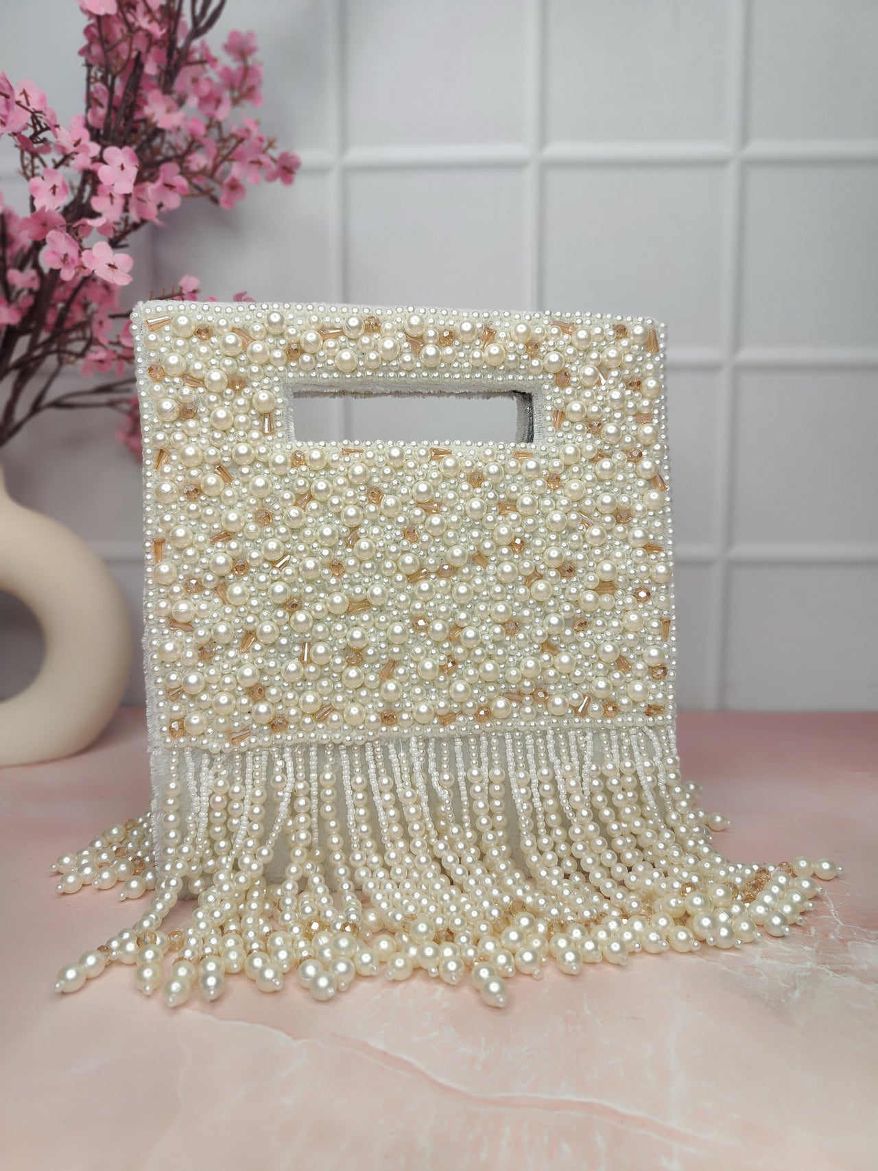 New Stylish Partywear White Pearl Studded Sling Bag for Womens by House of Ree