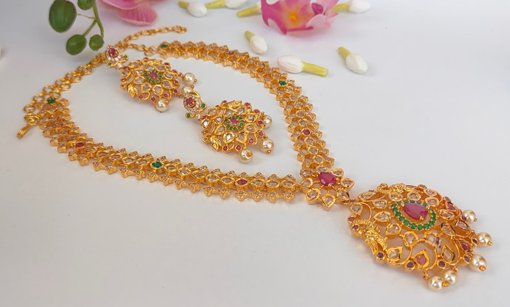 Pink & Green Bridal Necklace Set - Distacart