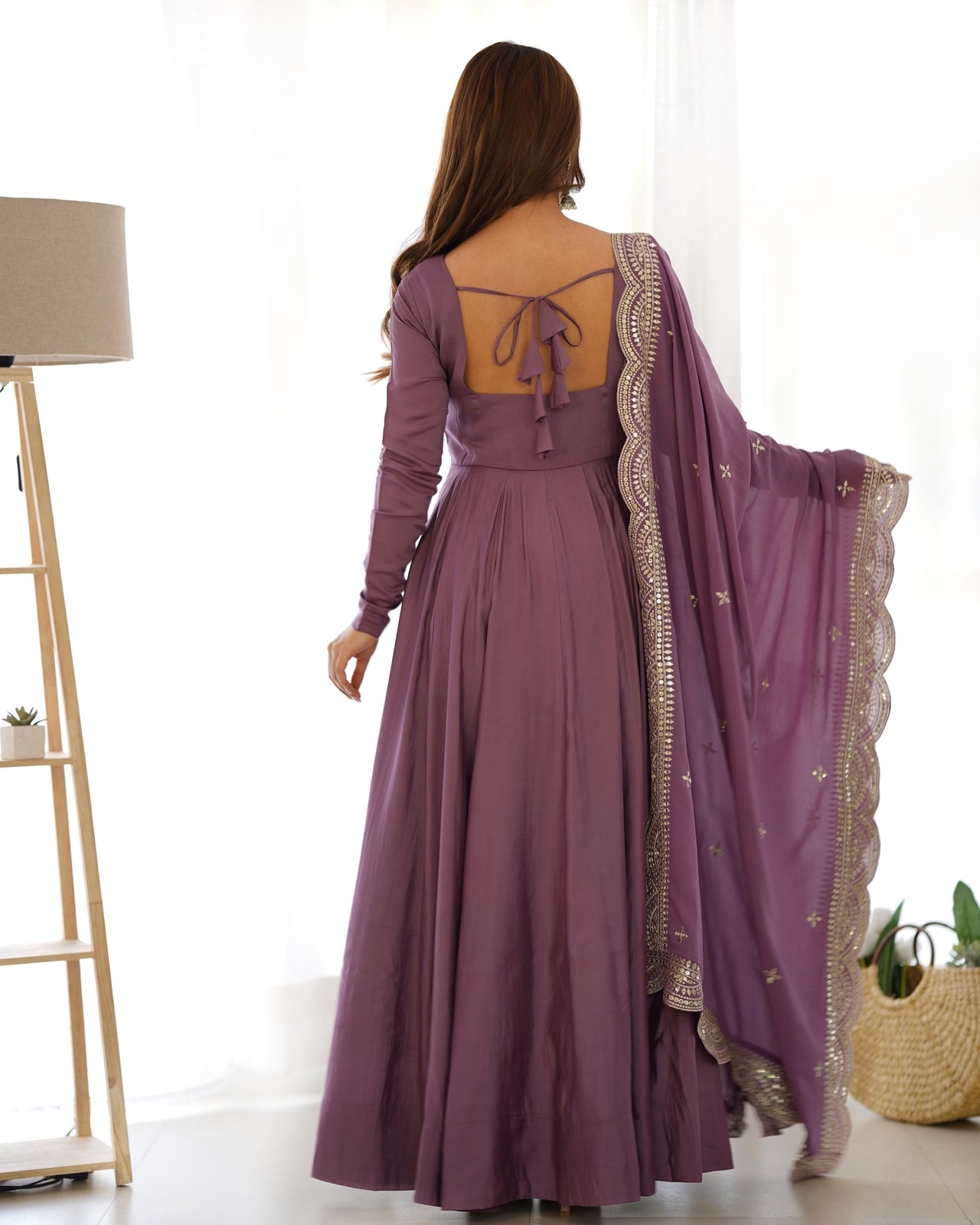 Lorenvalley Fashion Mauve Pure Roman Silk Chanderi Fabric Fully Flared Anarkali Pant With Dupatta Set - Mauve