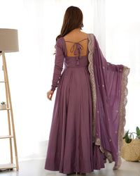 Thumbnail for Lorenvalley Fashion Mauve Pure Roman Silk Chanderi Fabric Fully Flared Anarkali Pant With Dupatta Set - Mauve