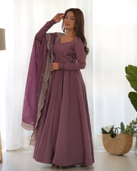 Thumbnail for Lorenvalley Fashion Mauve Pure Roman Silk Chanderi Fabric Fully Flared Anarkali Pant With Dupatta Set - Mauve