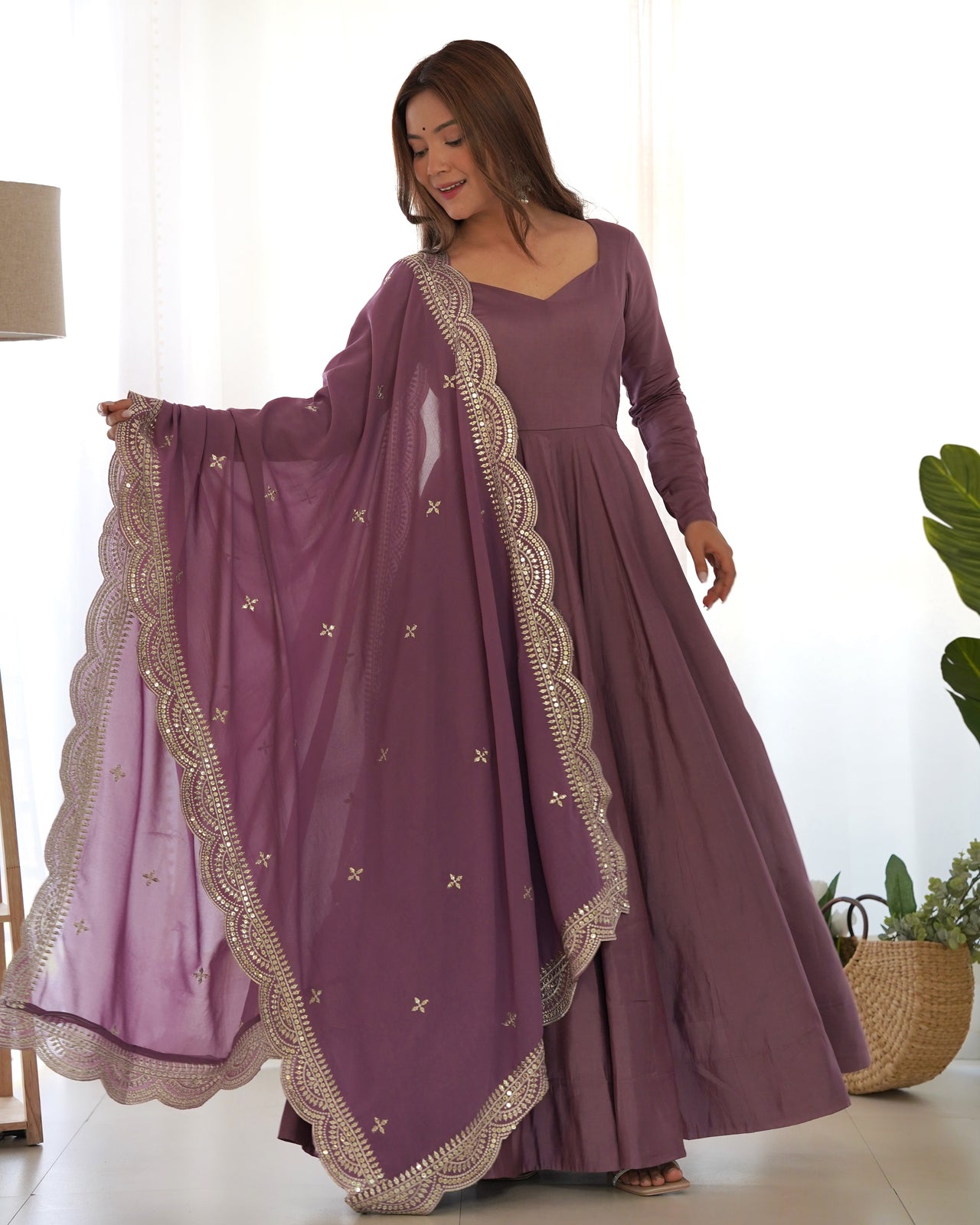 Lorenvalley Fashion Mauve Pure Roman Silk Chanderi Fabric Fully Flared Anarkali Pant With Dupatta Set - Mauve